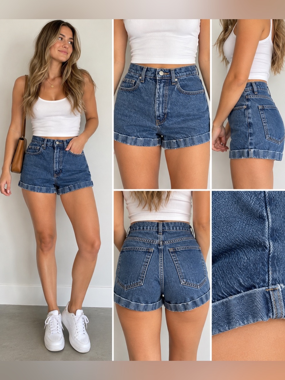 American Apparel High Waisted Denim Cuffed Shorts Dark Wash Indigo Size 27